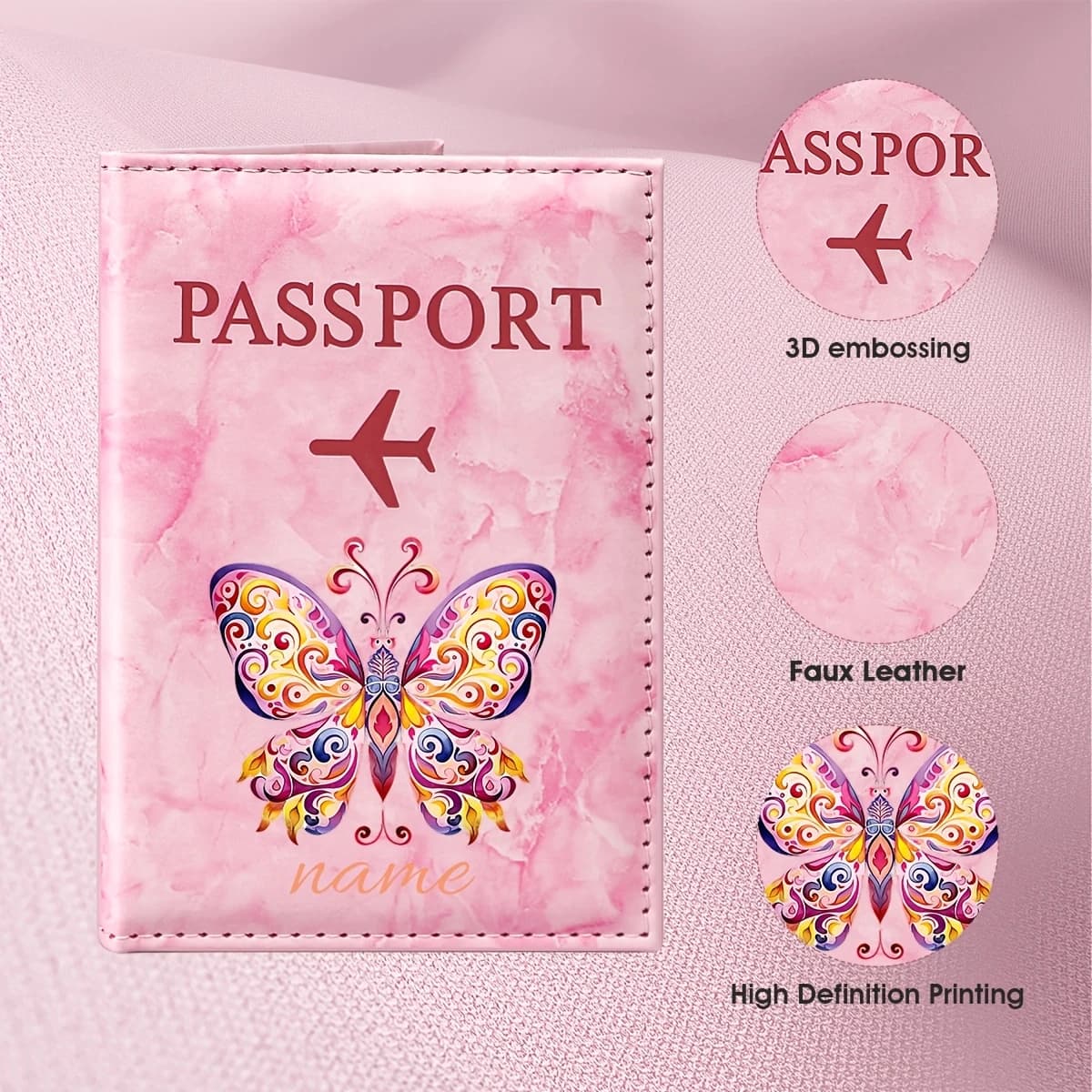 Custom Name Purple Butterfly Art Pattern PU Passport Holder, Abstract Patterns And Colorful Butterfly Elements That Showcase