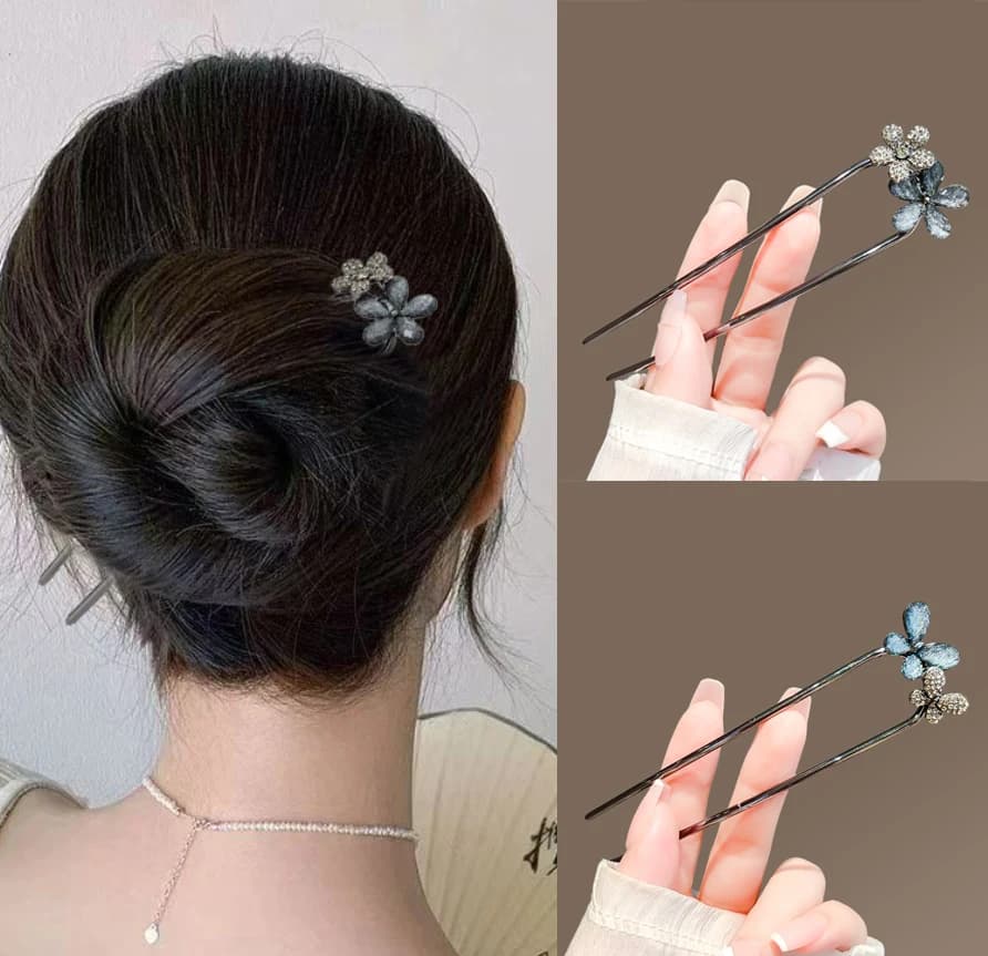 Butterfly-shaped hair clip with flower for women and girls, U-hole in metal, French clips, new chignon accessory with blue crystals