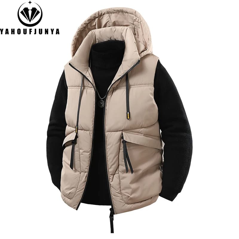 Gilet da uomo con cappuccio staccabile caldo senza maniche primaverile da uomo autunno outdoor antivento moda casual gilet con cerniera di marca allentato cappotto maschile