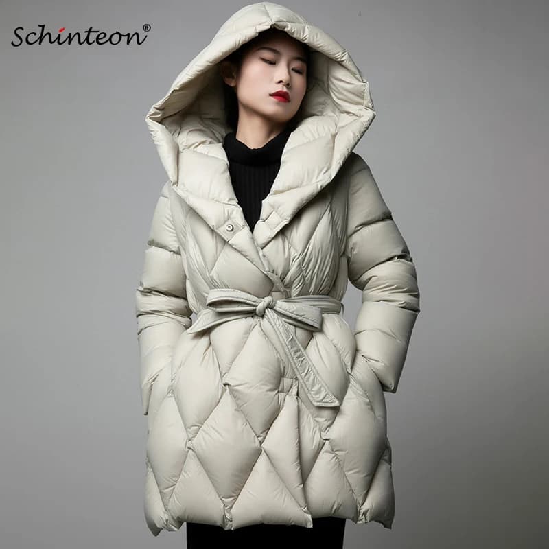 Schinteon donna 90% piumino d'anatra bianco con cappuccio Office Lady lussuoso autunno inverno spessa calda Outwear cintura regolabile 2024