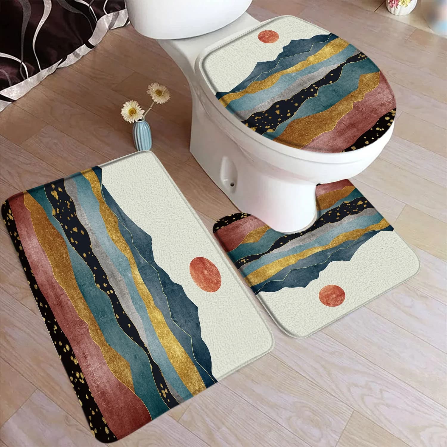 Set di tappetini da bagno con paesaggio astratto, arredamento moderno e creativo per il bagno di casa, morbido tappeto antiscivolo, tappeti per doccia, coperchio per WC