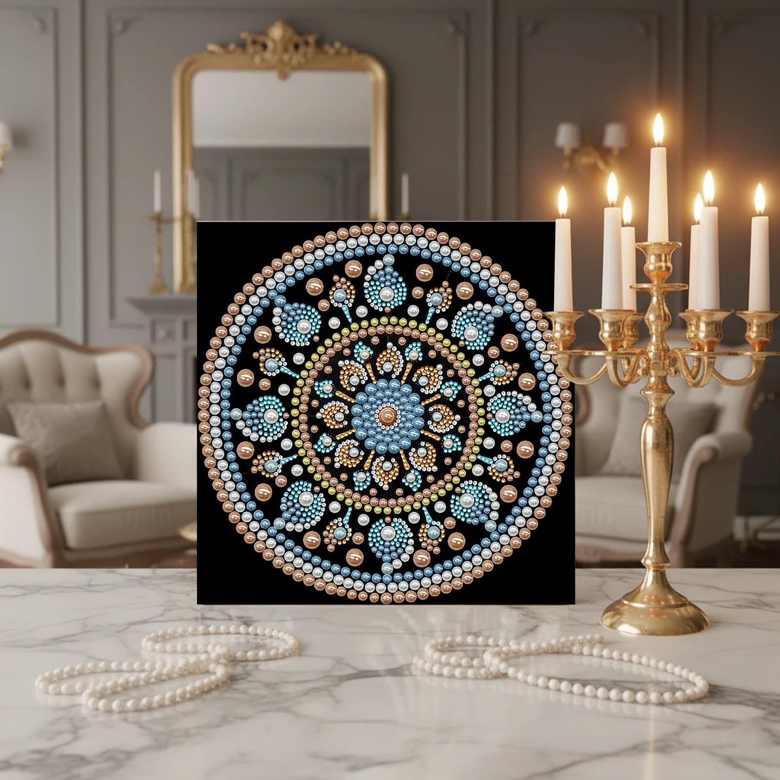 Mandala Painting Kit with Fa-da-Te Pearls for Adults, Home Decoration, Squares with Pearls and Gems, Art and Crafts 25x25cm with Frame