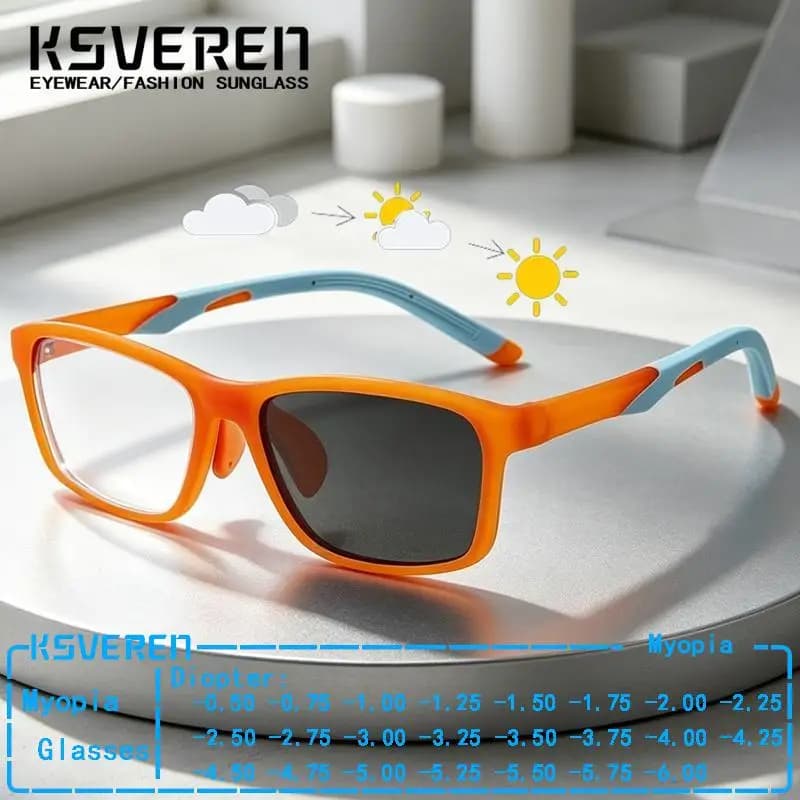 Square Sports Photochromic Myopia Glasses Trendy Anti Slip Nose Pads Men Women Sun Discolor Prescription Nearsighted Eyeglasses