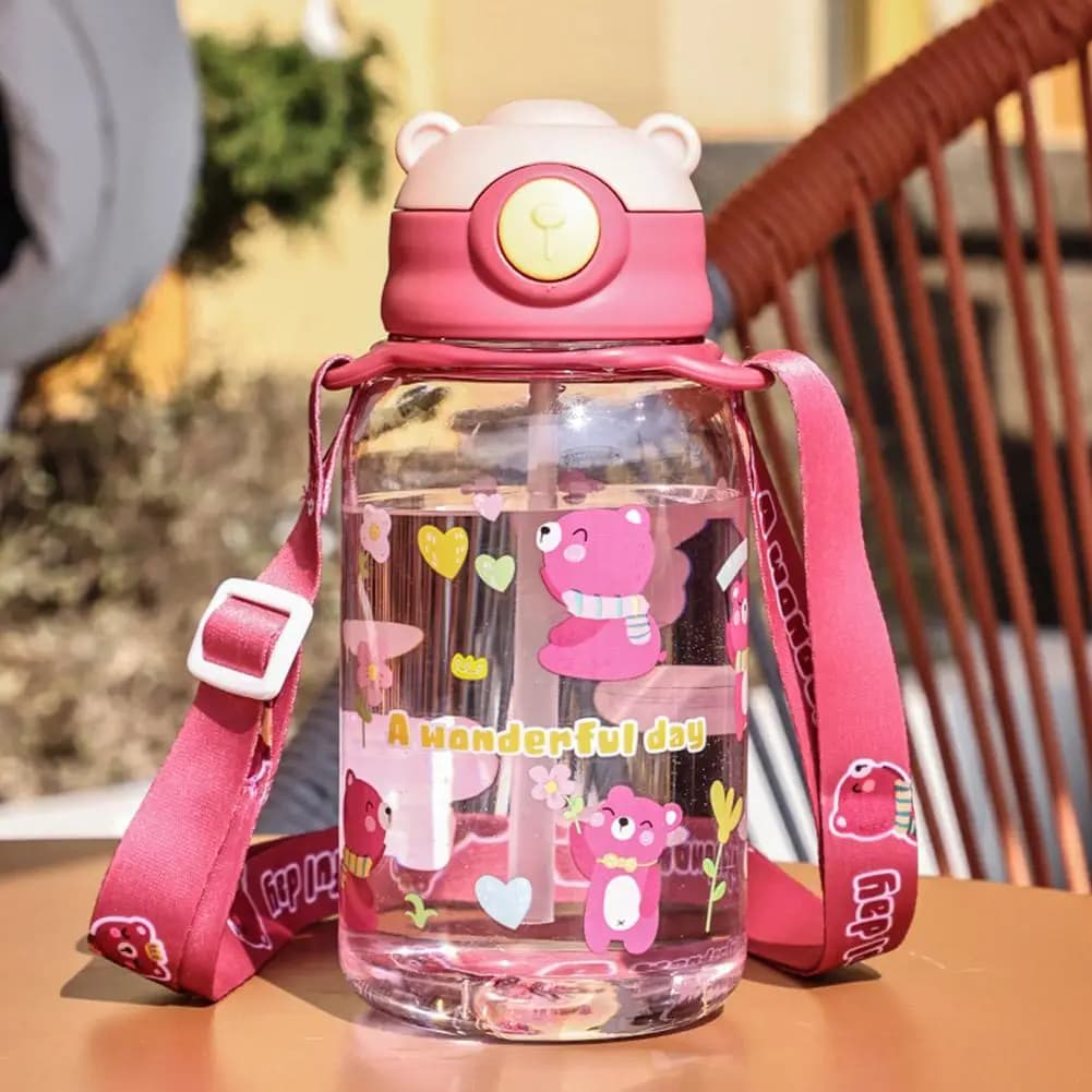 Simpatica bottiglia d'acqua per bambini con cannuccia, senza BPA, a tenuta stagna, per esterni, portatile, per bambini, per la scuola