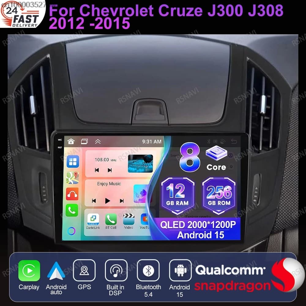 Android 15 For Chevrolet Cruze J300 J308 2012 2013-2015 AI Voice 8 Core Stereo Navigation QLED Qualcomm WIFI+ 4G LTE 360 Camera