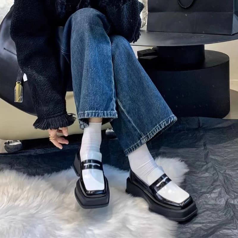 Women's Moccasins with Square Tip and Thick Sole 2025 Spring Autumn Patent Leather Japanese Style Slip on Shoes Fashion Footwear