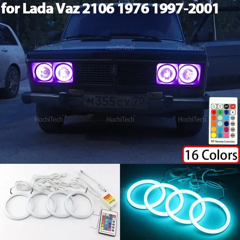 16-Color RGB Cotton LED Headlight Angel Eyes Ring Lamp Remote Control Light for Lada Vaz 2106 1976 1997 1998 1999 2000 2001