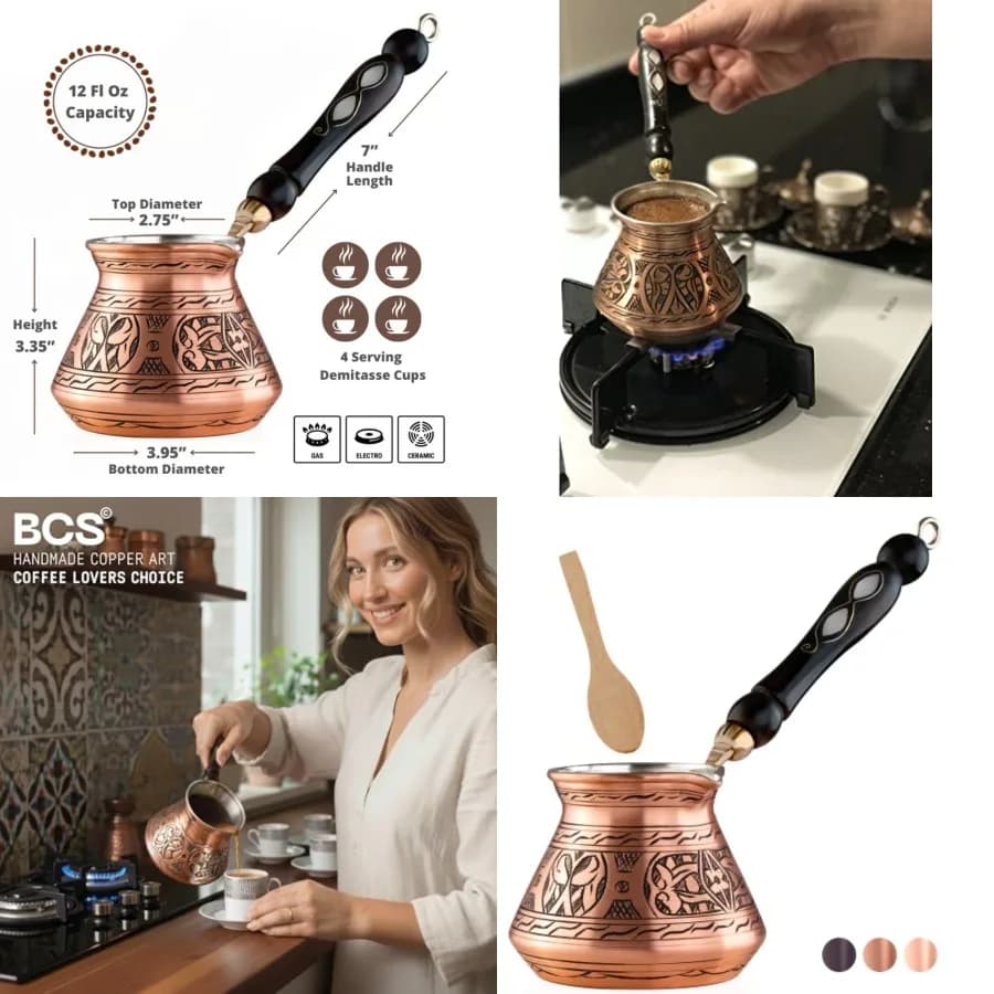 Caffettiera turca greca araba da 12 Oz con manico in legno, 4 porzioni, Cezve Ibrik Briki, per fornello (include cucchiaio in legno)