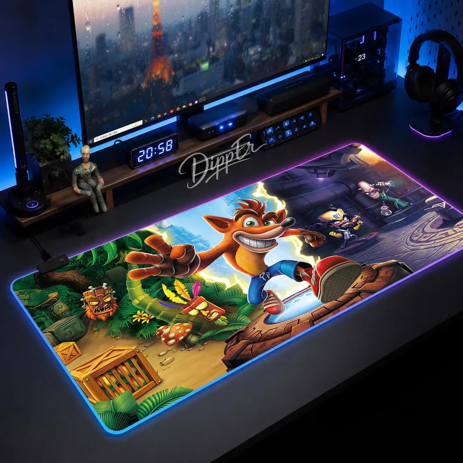 Tappetino per Mouse XXL Crash Bandicoot con LED, Tappetino da Tavolo Luminoso, Tappetino da Gioco Antiscivolo in Gomma con Retroilluminazione
