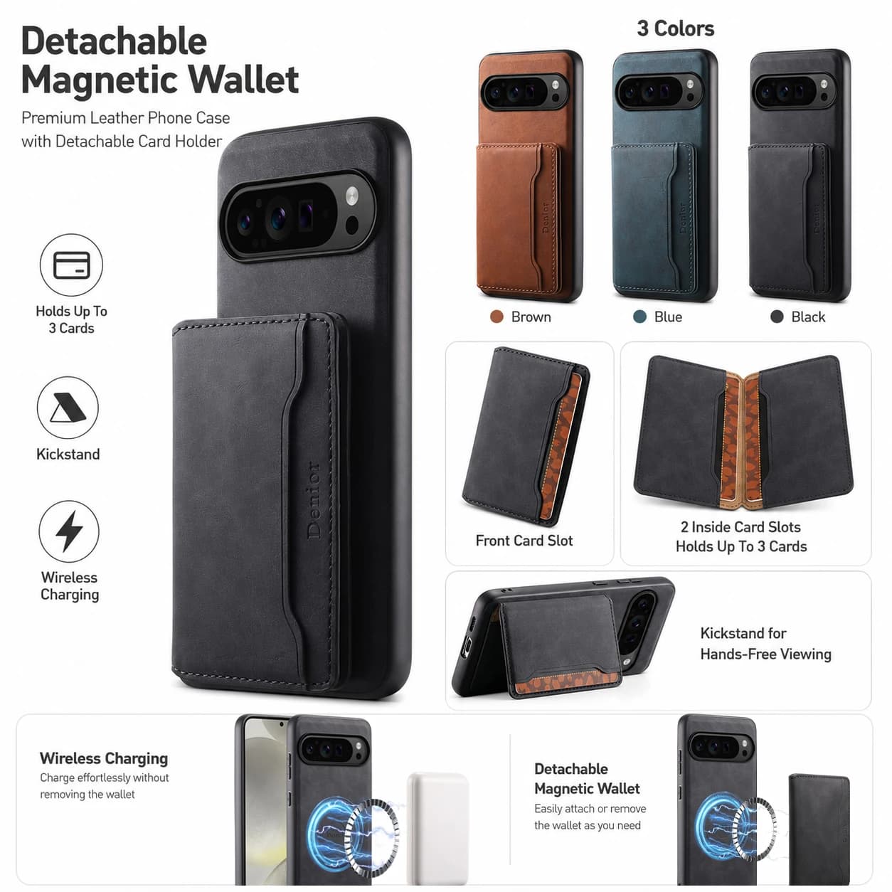 Denior Detachable Faux Leather Wallet Phone Cover For Google Pixel 10 Pro XL 9 Pro With Magnetic Charging 3 Card Slots And Stand
