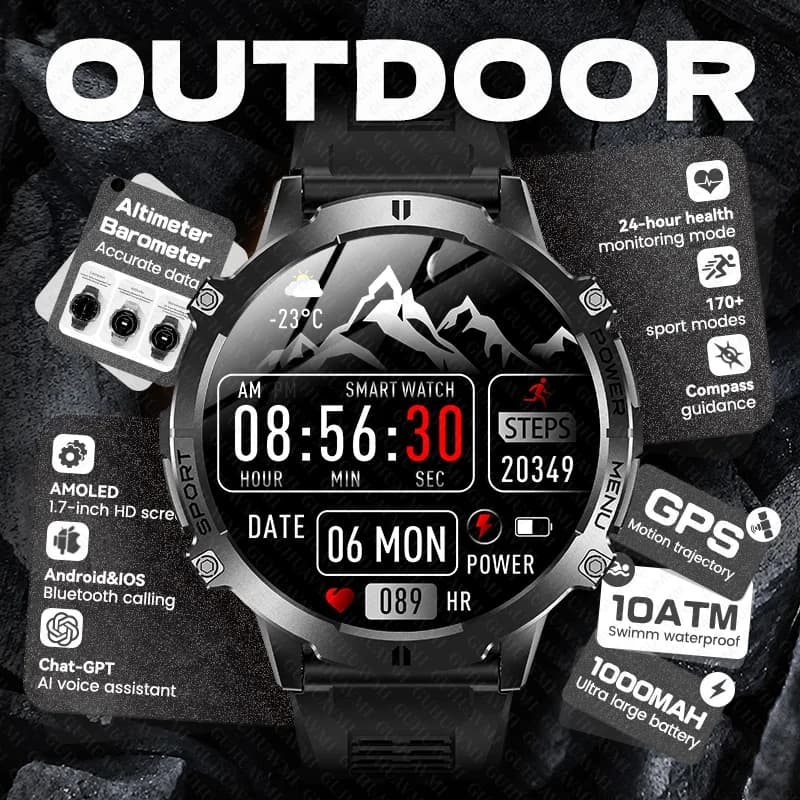 Nuovo Smartwatch GPS da Uomo 2026 per Esterni con Altimetro, Barometro, Bussola, Batteria da 1000mAh, Chiamate Bluetooth, Impermeabile, Smartwatch X-sport