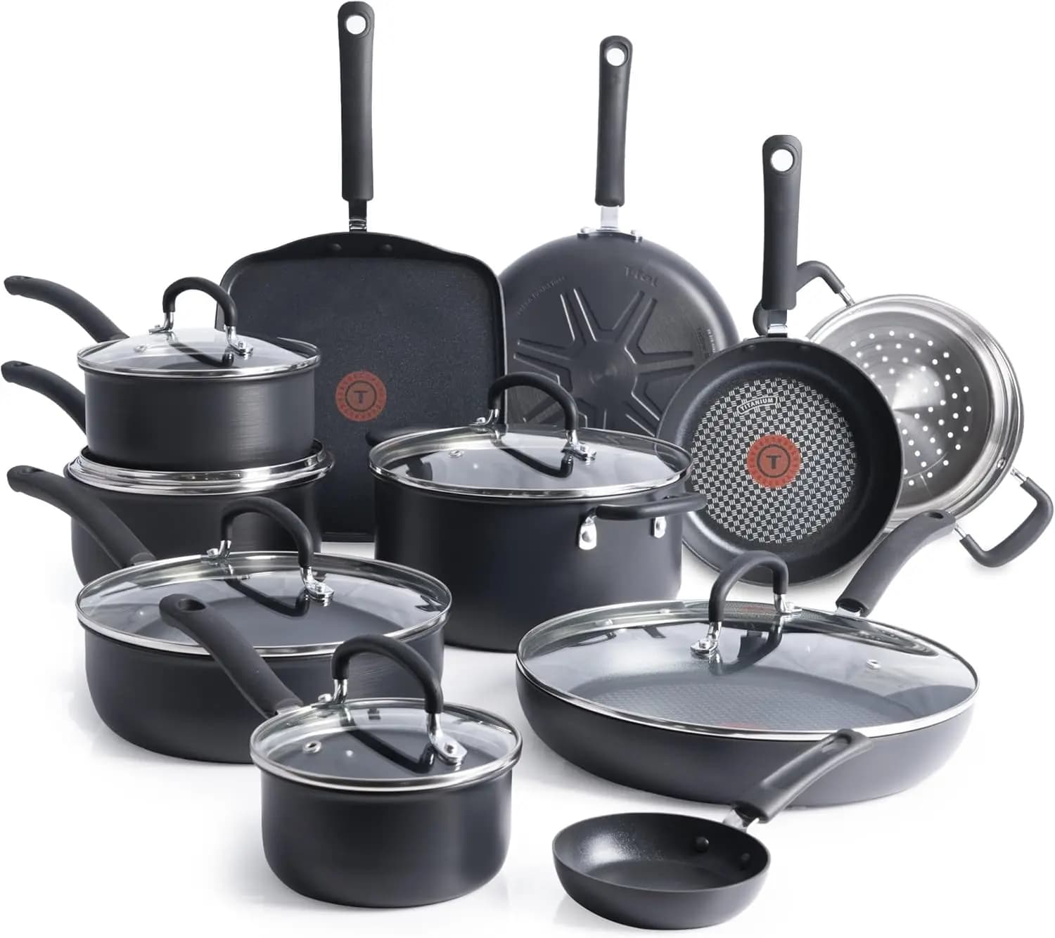 T-Fal Ultimate Hard Anodized Nonstick Cookware Set 17 Piece, Nonstick Pots and Pans Set with Fry Pan, Saucepans, Saute-Pan, Grid