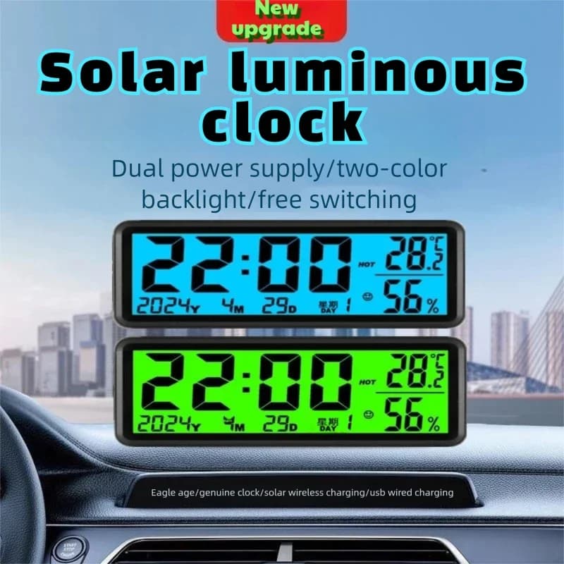 Termometro per cruscotto auto alimentato ad energia solare/USB Display a LED Orologio elettronico automobilistico con accessori per auto retroilluminati
