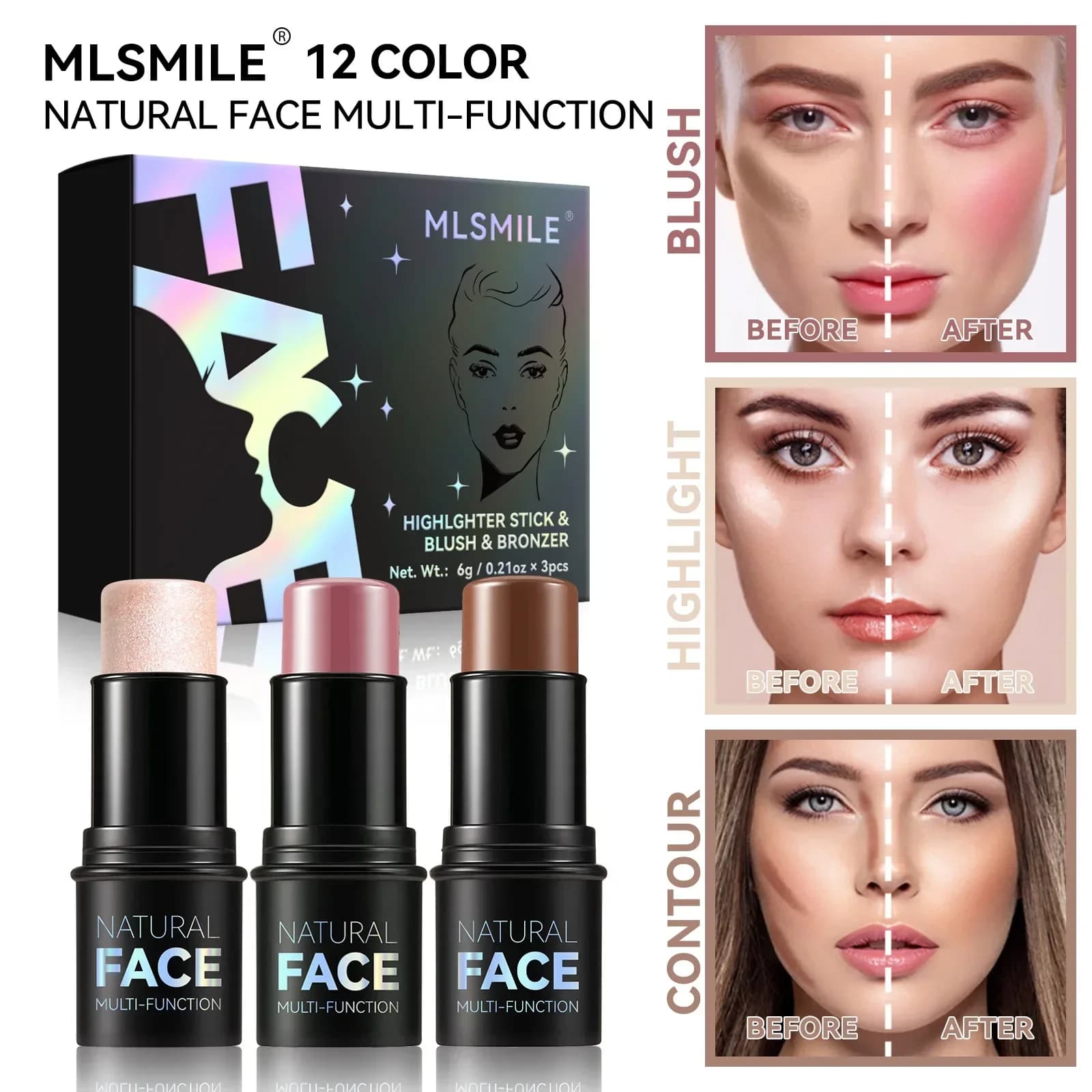 MLSMILE 3 Pezzi Evidenziare Stick Set Multiuso Blush Contorno Trucco Stick Impermeabile Controllo Olio Cosmetici Professionali 6g * 3