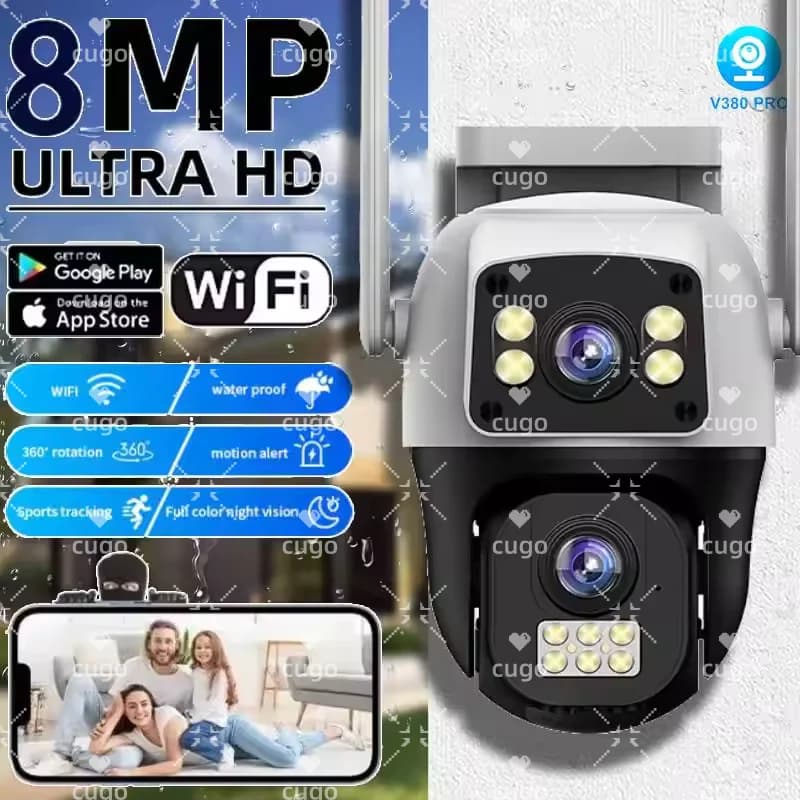 Telecamera IP WIFI 8MP 4K PTZ da Esterno con Doppio Schermo, Rilevamento Umano AI, Doppia Lente, Audio Bidirezionale, Telecamera di Sicurezza CCTV con App V380