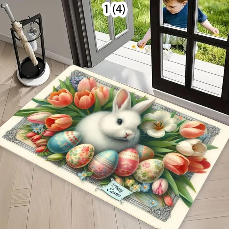 Tappeto Antiscivolo Tulipano Primaverile per Ingresso, Decorazione Casa, Soggiorno, Camera da Letto, Stile Rustico, con Motivo Uova di Pasqua