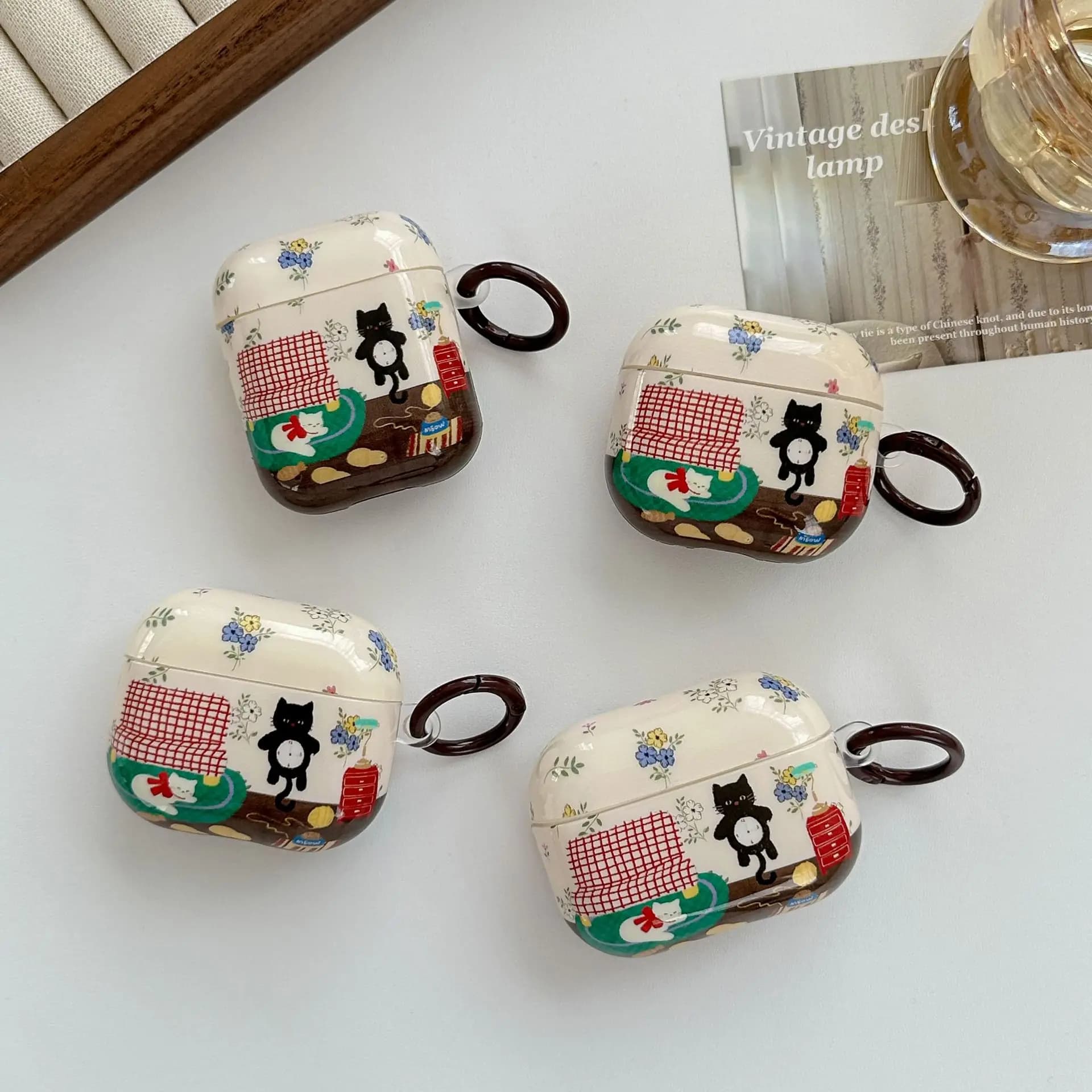 Custodia per AirPods con stampa gatto carino, cover vintage floreale antiurto in TPU per Apple AirPods 1/2/3/Pro/Pro 3, auricolari a cartone animato con portachiavi