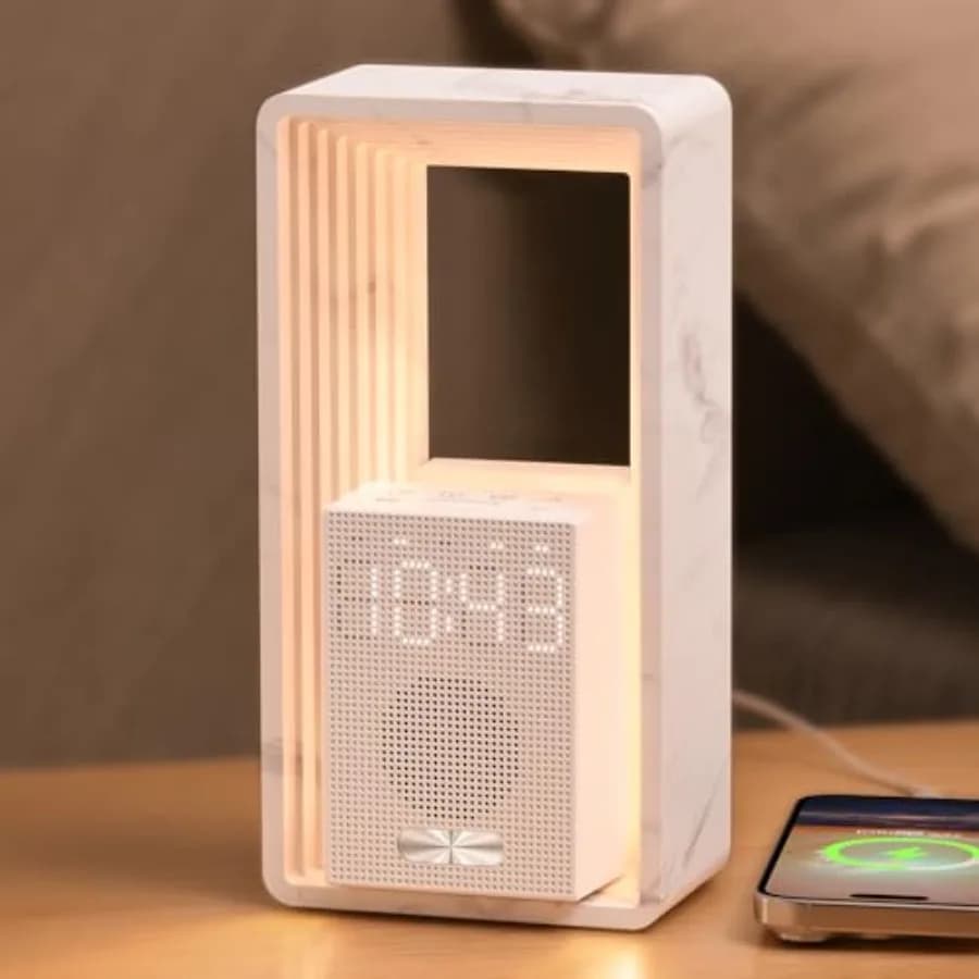 Sveglia Digitale con Simulazione Alba e Luce Notturna, 9 Suoni Rilassanti, Macchina del Suono, Display Dimmerabile, Funzione Snooze, U