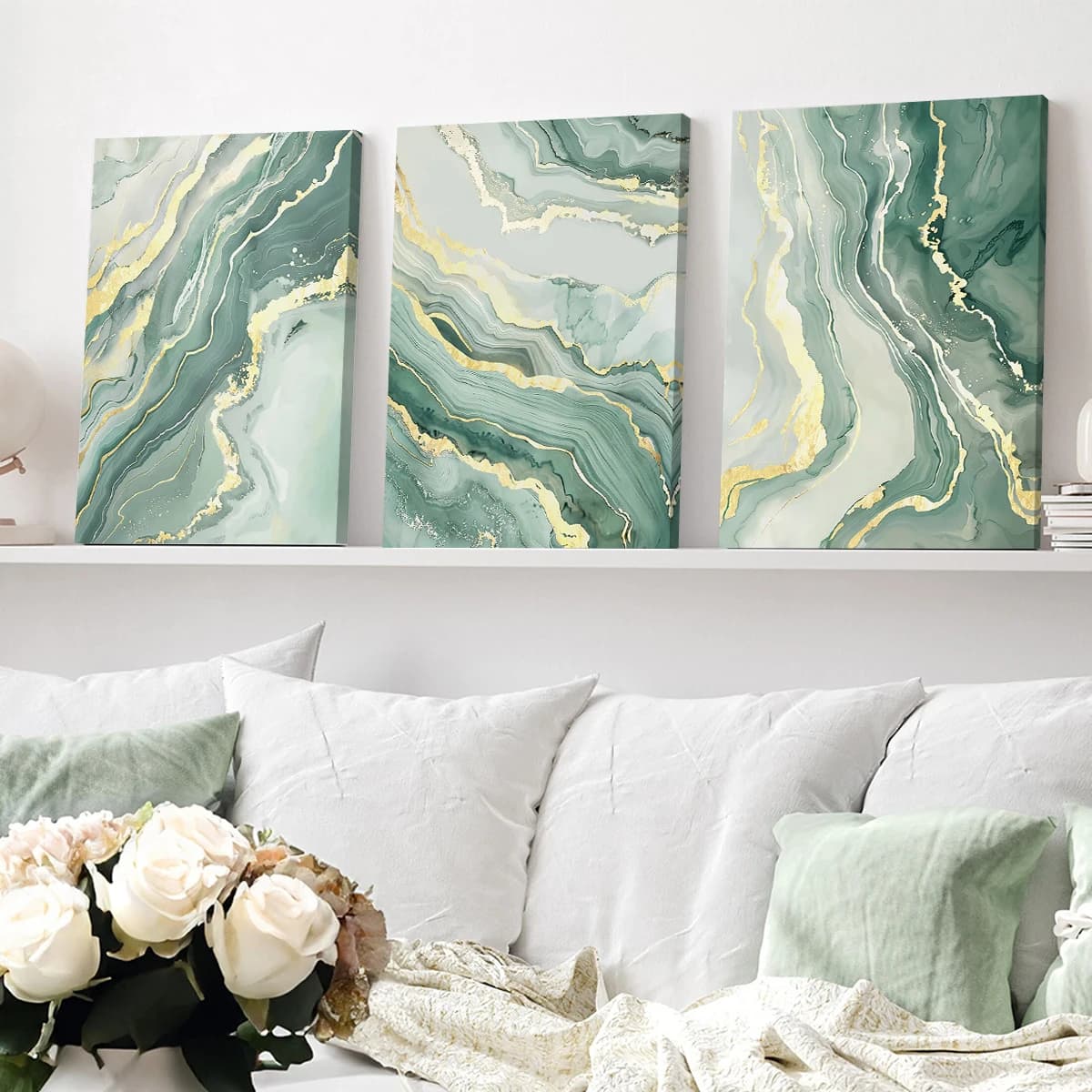 3 pezzi di lusso incorniciato astratto verde e lamina d'oro foglie tela arte moderna pianta poster per soggiorno decorazione della parete senza cornice