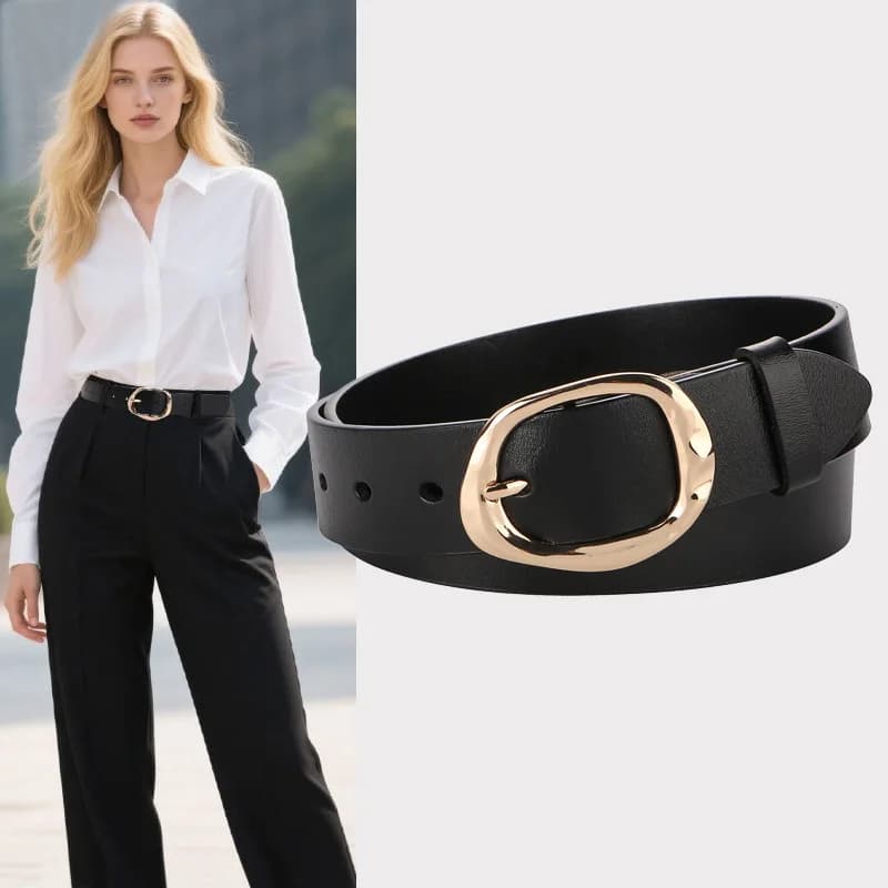 Cintura in pelle alla moda per donna Cinture in vita nere con fibbia ovale irregolare in oro per pantaloni jeans Abiti stile casual