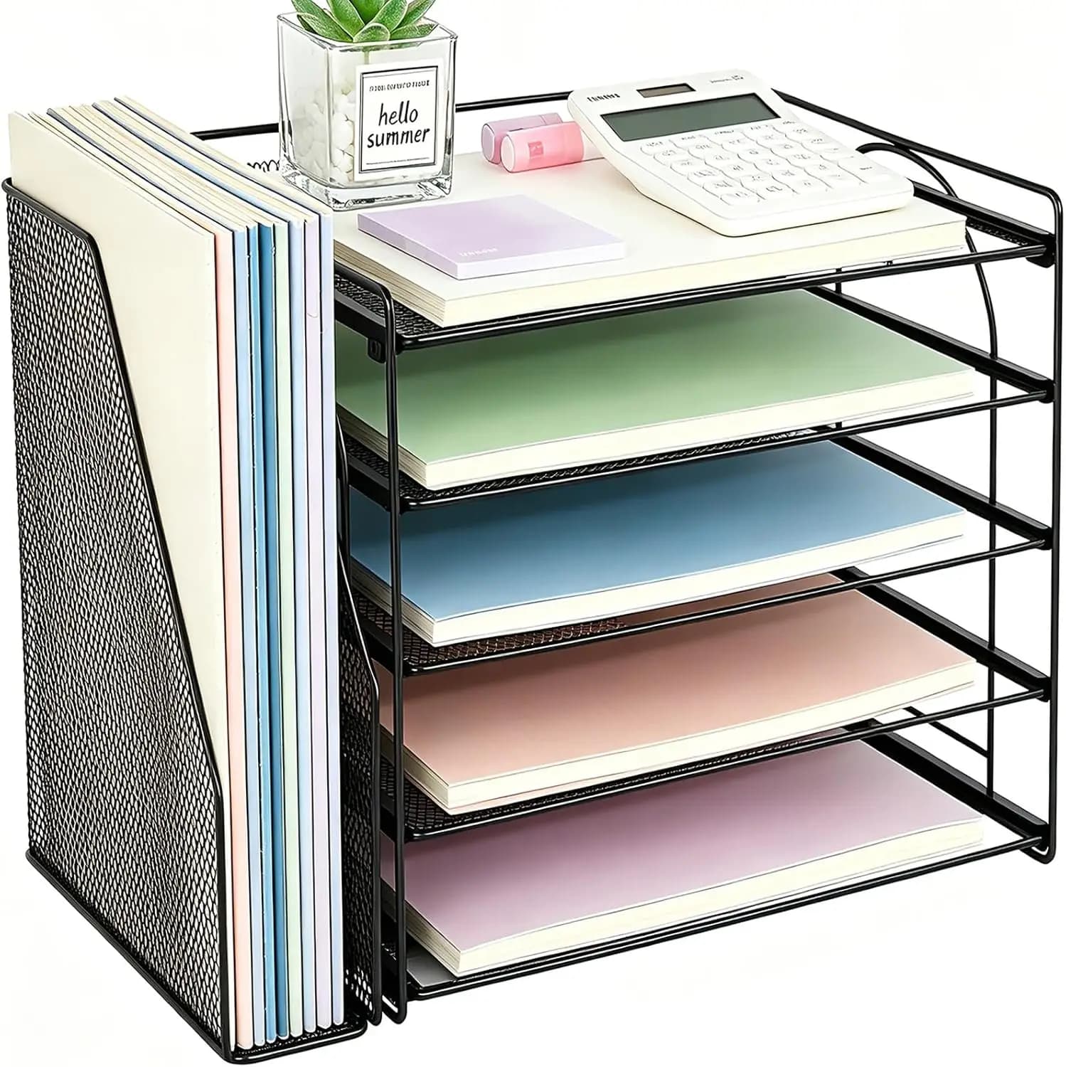 5-Tier Desk Organizer with Magazine Holder, Black Desktop File Organizer for Office Supplies, Heavy Duty Metal Paper Tray