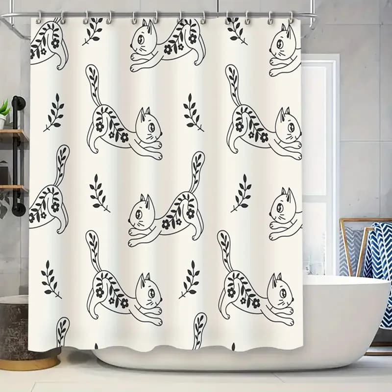 Tenda da doccia con motivo gatto bianco nero, decorazione per il bagno, design moderno e semplice, tessuto impermeabile per bagni