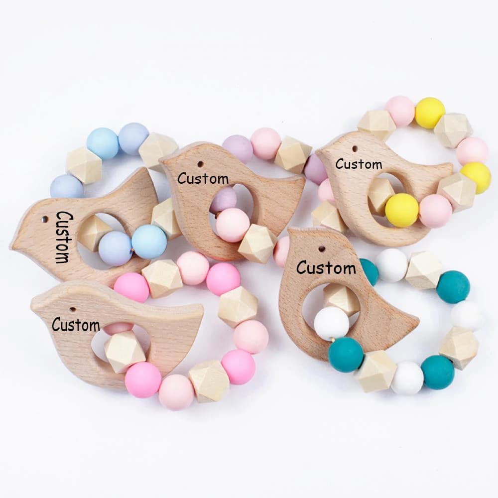 Nome personalizzato Bracciale per la dentizione del bambino personalizzato in legno Perline in silicone Porta uccelli in legno Bracciale per massaggiagengive Regali per bambini