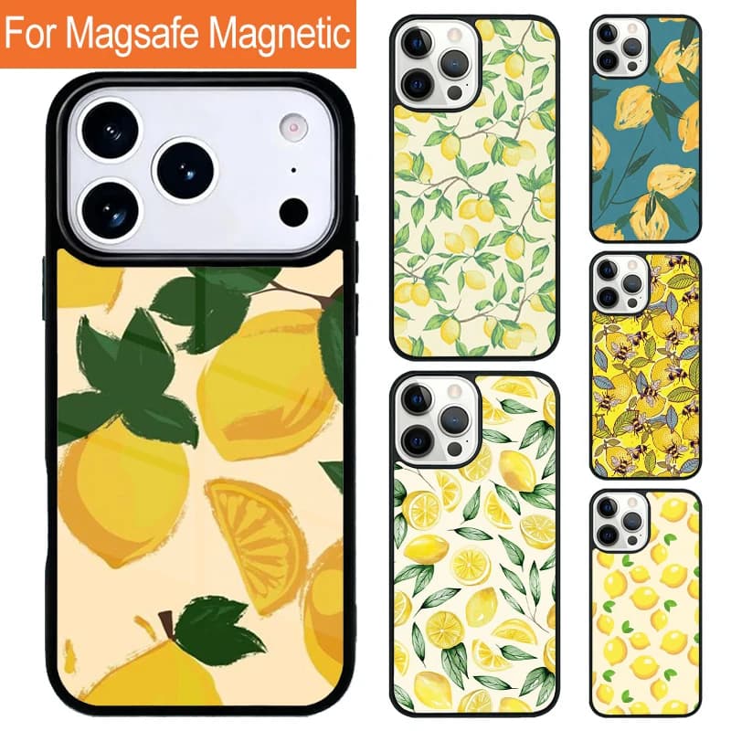 Custodia Magnetica Wireless Estiva con Motivo Limoni e Foglie per iPhone 17 Pro 16 15 13 12 11 Pro Max Air 14 Plus con Cover Magsafe