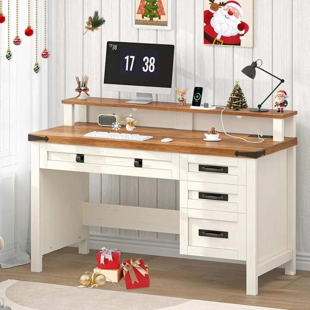 47 Computer desk with power sockets, home office desk with monitor support and 4 drawers, antique white