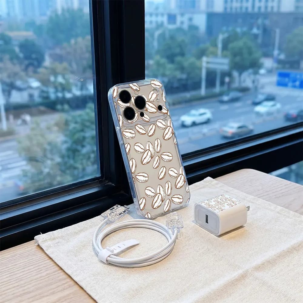 Coffee Bean Phone transparent Case + Charger Cable Protector Set for iPhone For IPhone 17 16 15 14 13 pro max