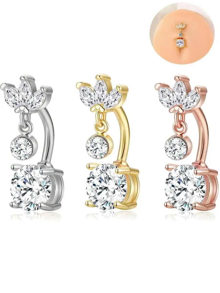 Anello da ombelico di lusso con doppia foglia in zirconia cubica, gioiello per il corpo da donna