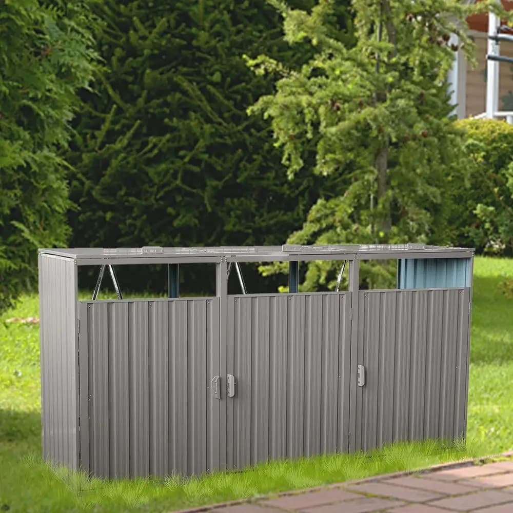 Outdoor Metal Trash Bin Sheds, Weatherproof Recycling Storage Solutions for Yard and Patio, Gray