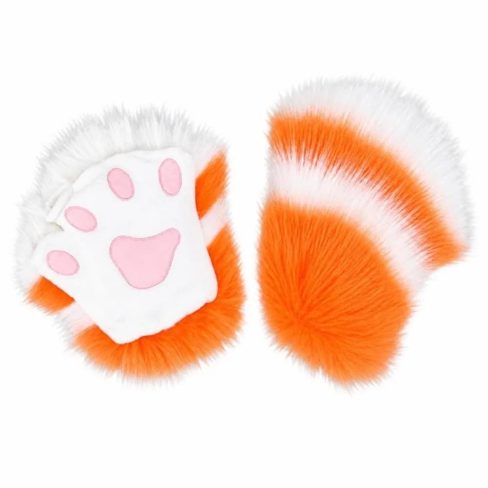 Lolita Cute Cat Paw Gloves Furry Fluffy Cosplay Gloves Soft Half-Finger Plush Gloves Winter
