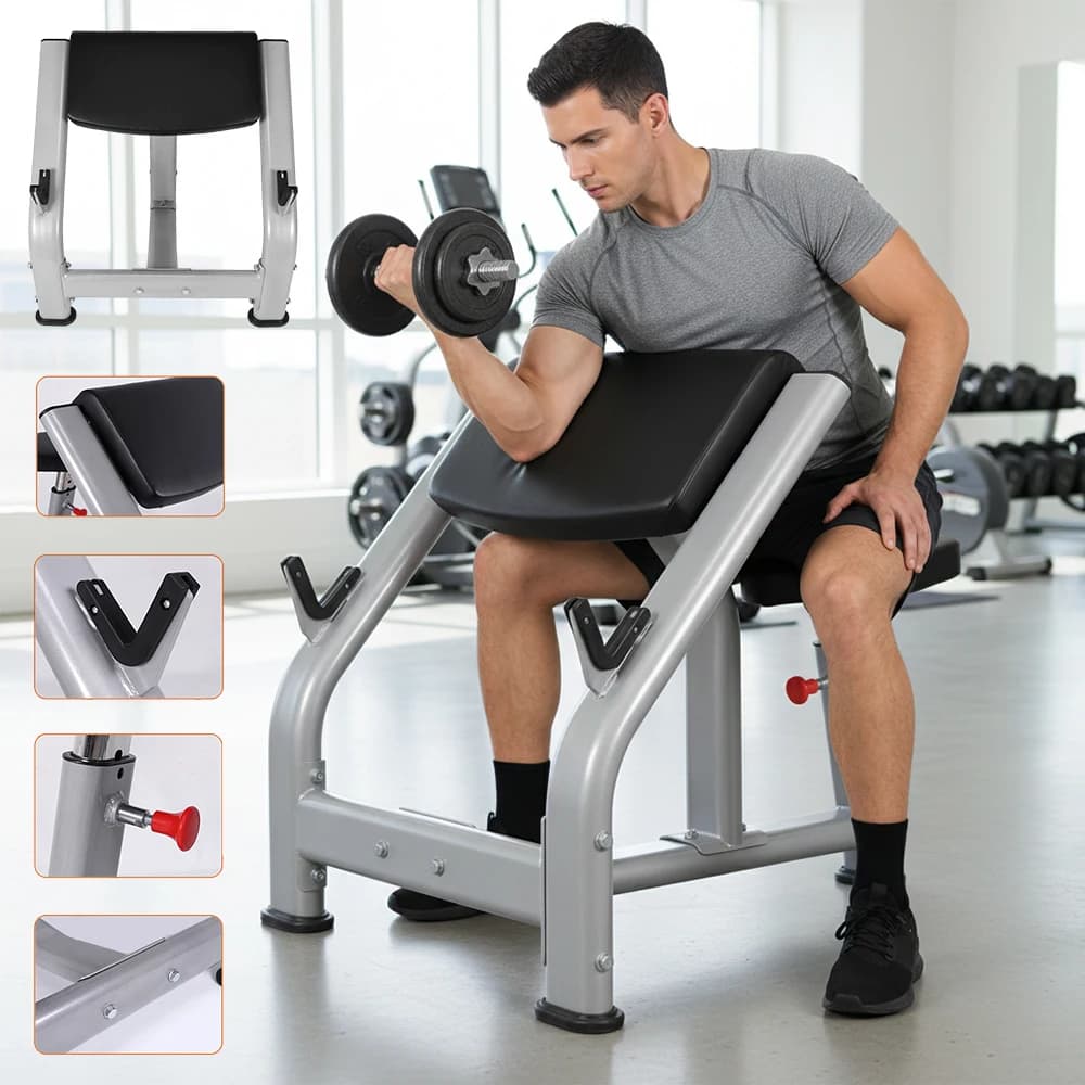 Panca per curl Preacher con seduta regolabile, stazione per bicipiti con bilanciere e manubri, per allenamento di forza e fitness a casa