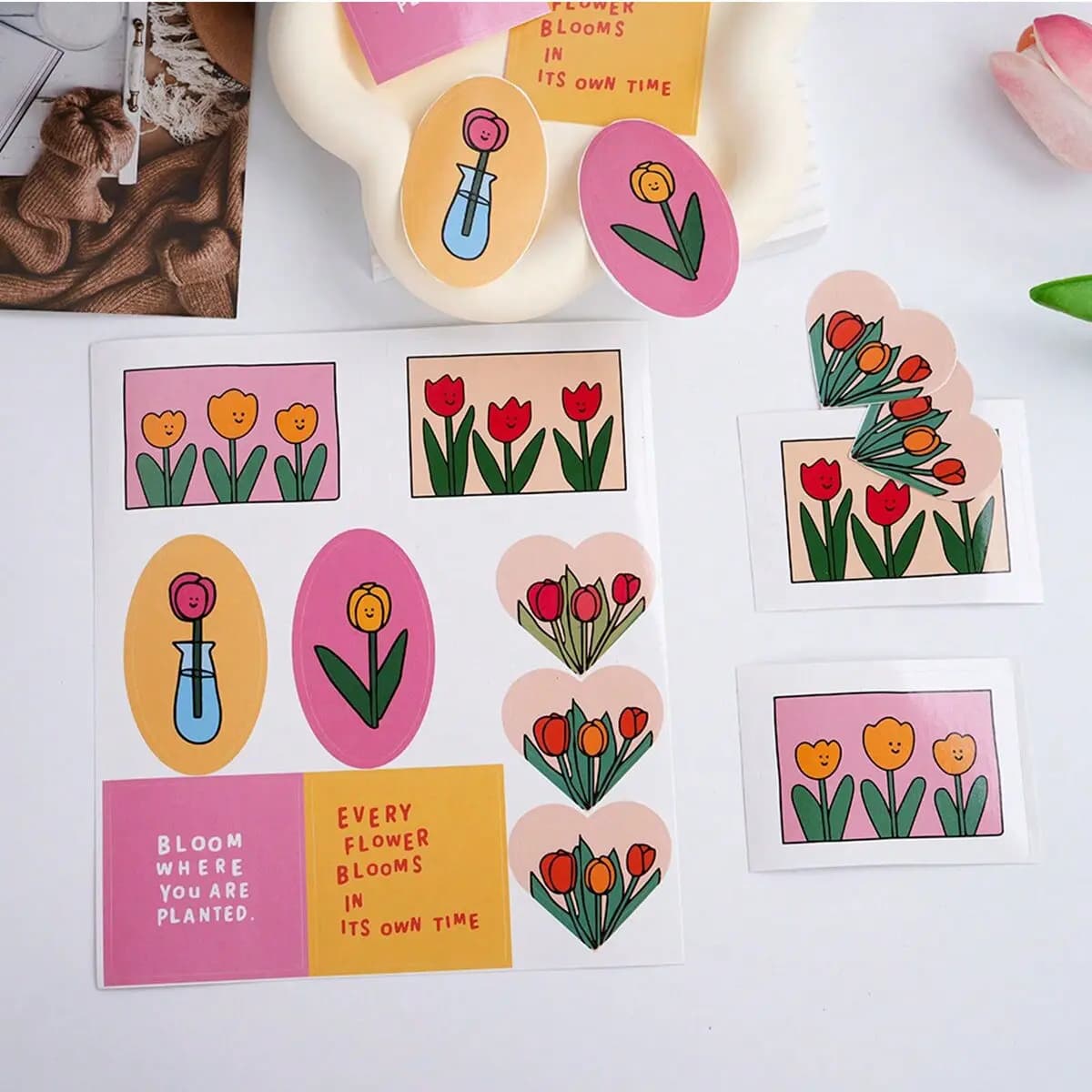 90 Pezzi/10 Fogli Adesivi a Forma di Tulipano per Sigillare Confezioni Regalo, Decorazione Imballaggi, Etichette Autoadesive per Asporto e Spedizioni