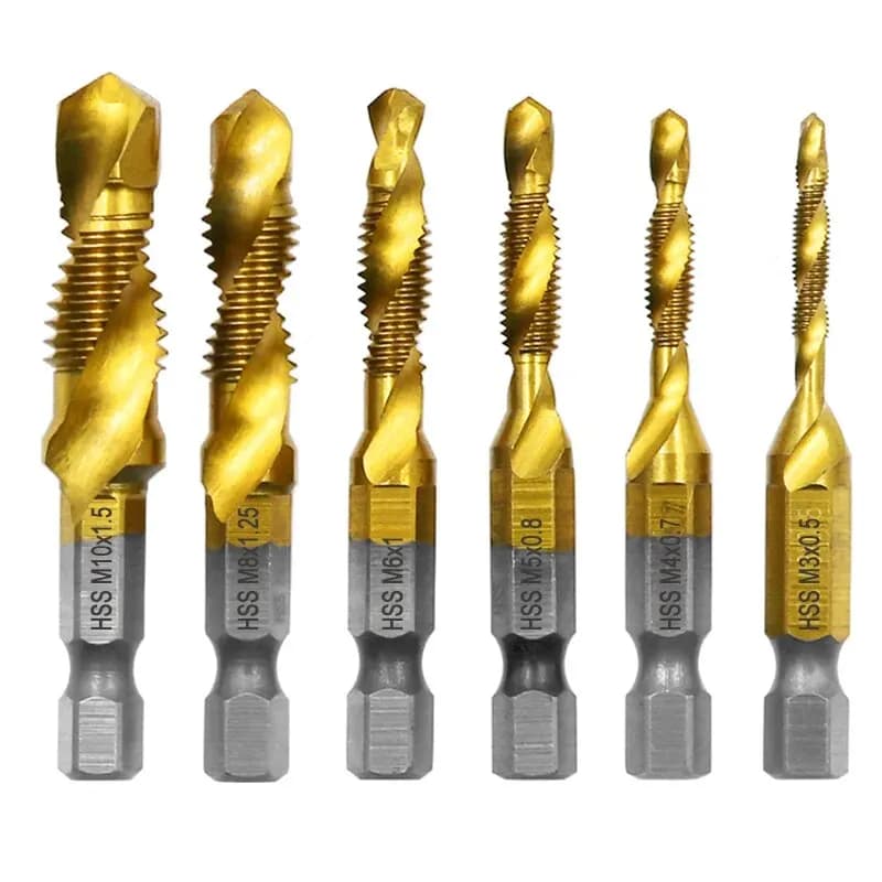 6Pcs High Speed Steel 4341 Machine Tap Set Titanium Plated Integrated Drill Tap Chamfering Threading Tool Kit