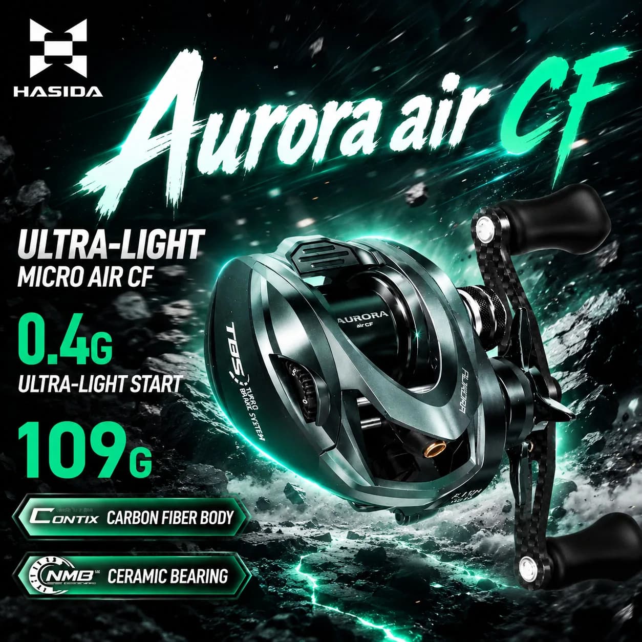 Mulinello da Pesca HASIDA Aurora airCF Carbon BFS, NMB SIC BB, 109G, Freno Magnetico a Sospensione 3D, Rapporto 8.1:1, Potenza di Trascinamento 4KG
