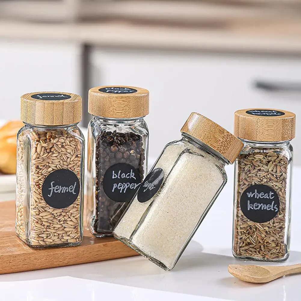 Set di 3 barattoli in vetro per condimenti con coperchio ermetico ed etichette, contenitore quadrato per sale e spezie per barbecue all'aperto e campeggio