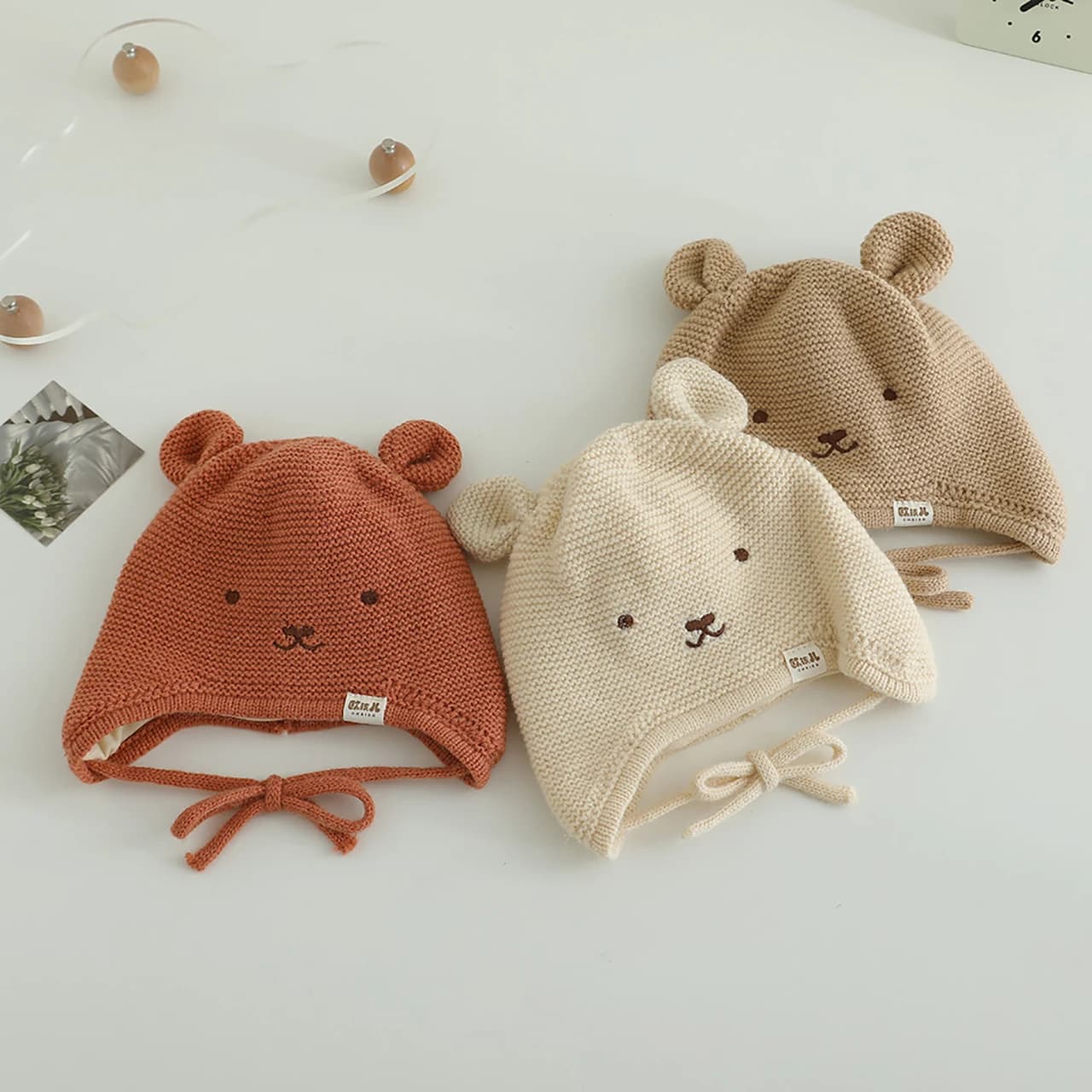 Cute Bear Knitted Baby Earflap Hat Autumn Winter Thick Warm Lacing Cap Windproof Outdoor Toddler Kids Earmuffs Beanie