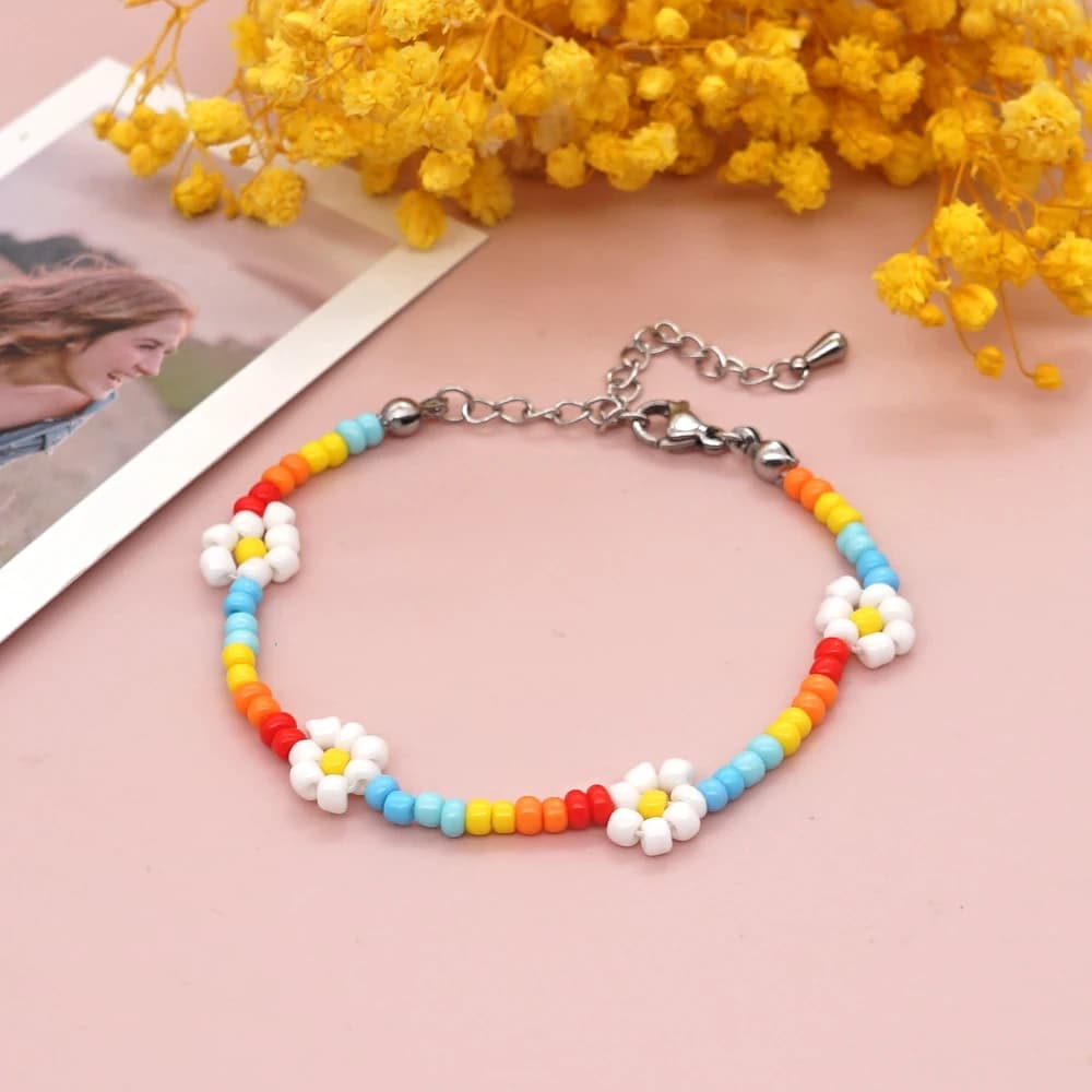 Go2Boho bracelet flower daisy for women summer jewelry Boho bracelets with bow tie chain stainless steel strap