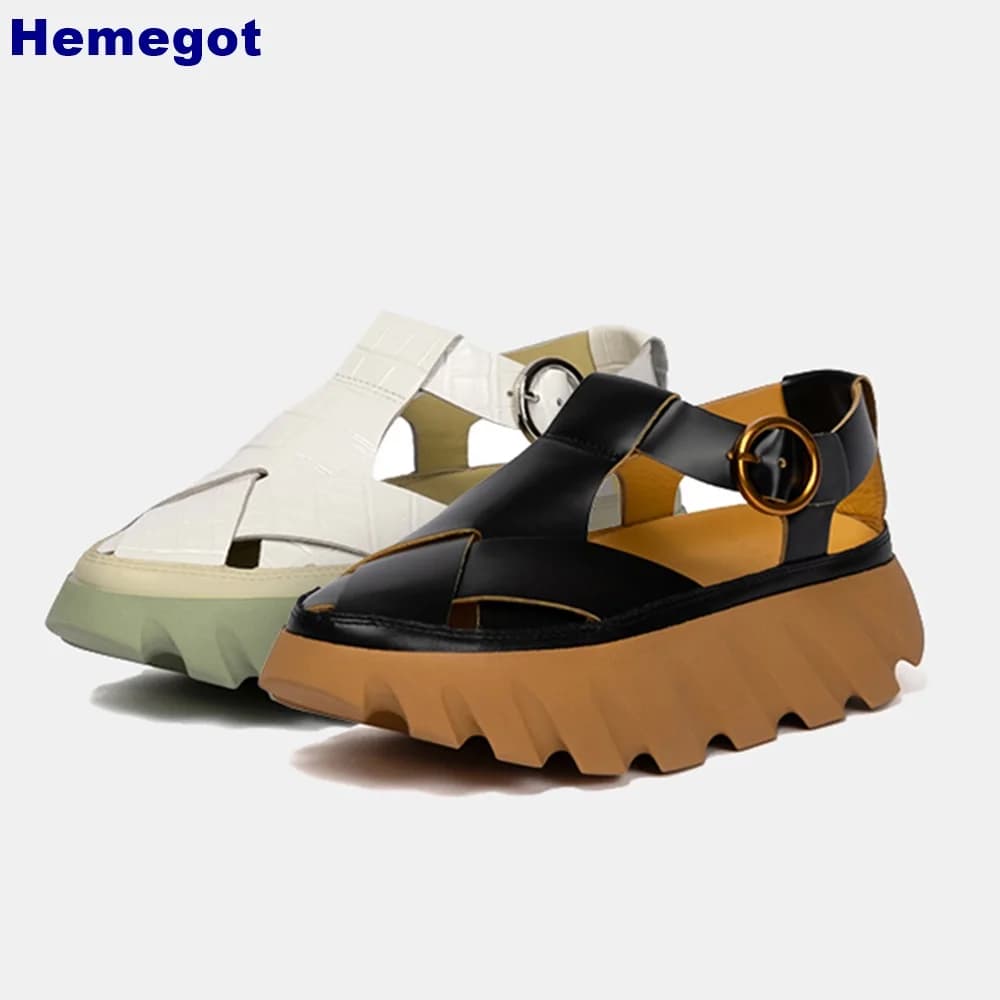 Platform Hollow Beach Roman Sandals Summer New Pointed Toe Outdoor Casual Buckle Black/white Fashion Women Closed Toe Sandals