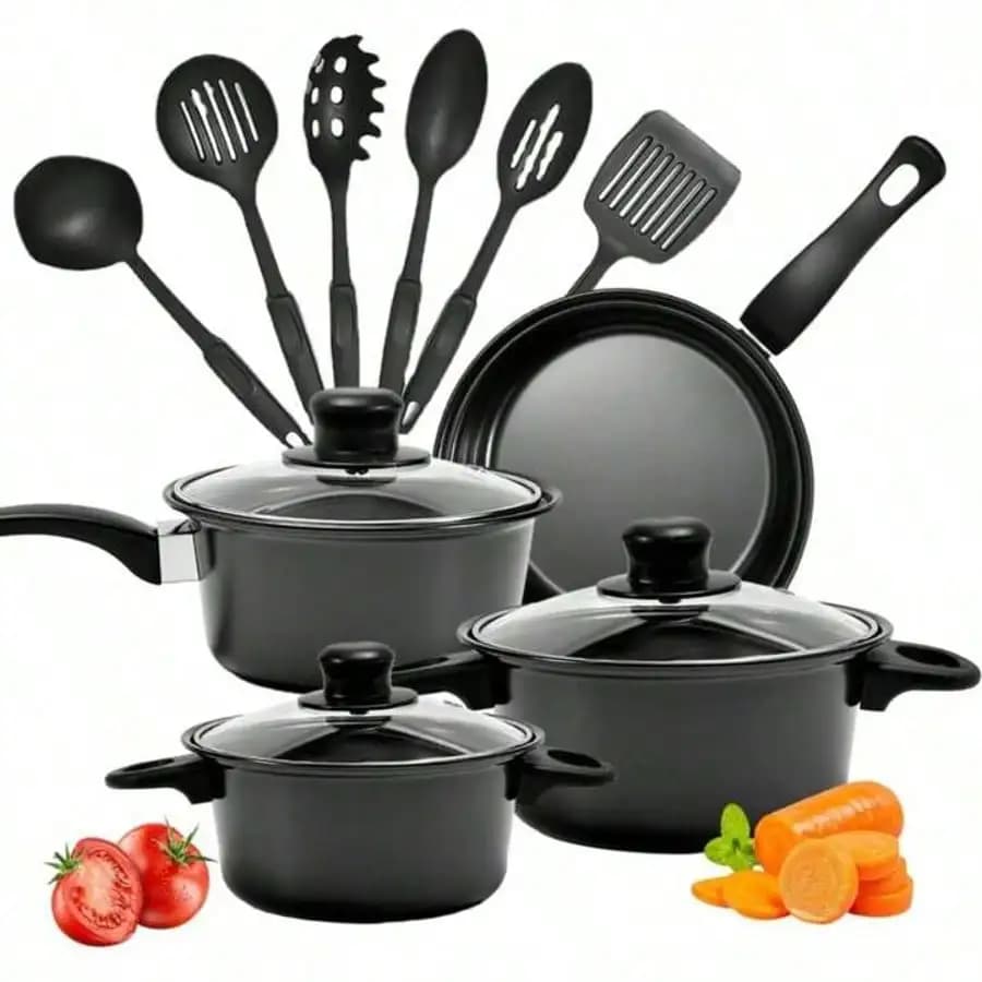 Set di 13 Pezzi di Pentole Antiaderenti per Cucina a Induzione, Kit con Pentole e Cucchiai, Padella Nera e Pentola per Latte, Perfetto per Cene in Famiglia e Campeggio