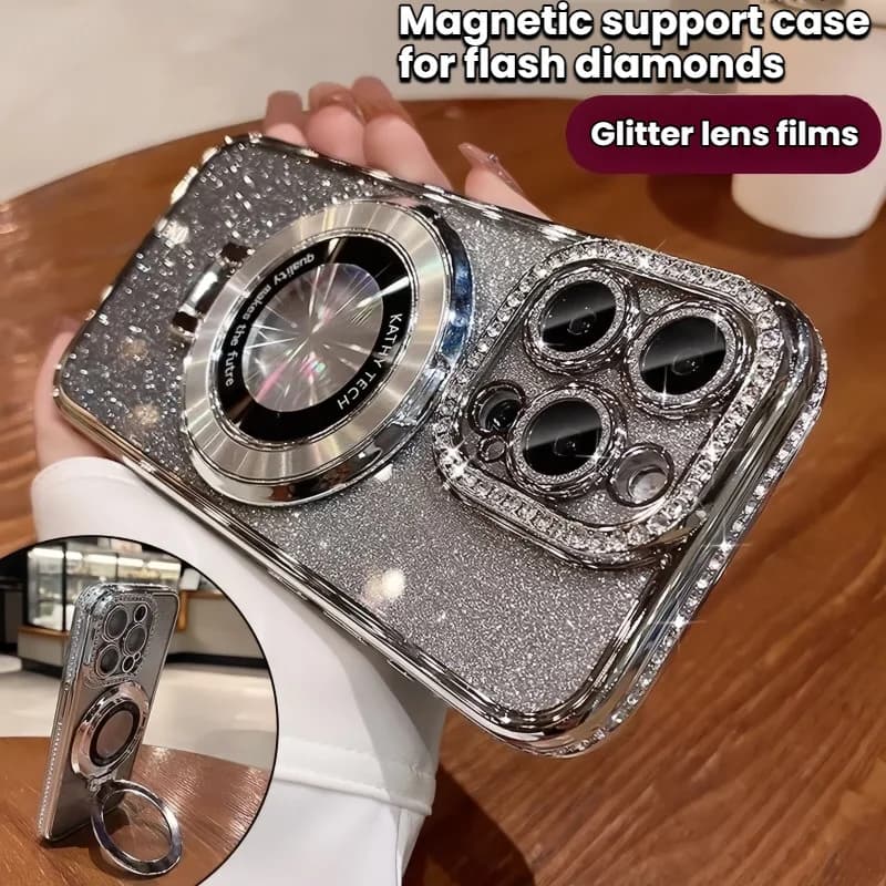Custodia Magnetica Glitterata con Diamanti per iPhone 17 16 15 14 13 12 11 Pro Max Plus 17 Pro Air Compatibile con MagSafe, Cover Posteriore da Donna con Supporto