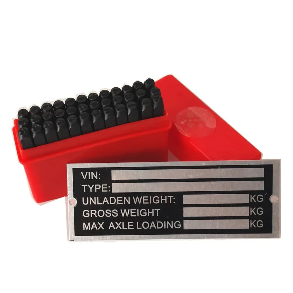 Blank frame plate for VIN trailer and weight with 4 mm number and set of punches for stamps with letters