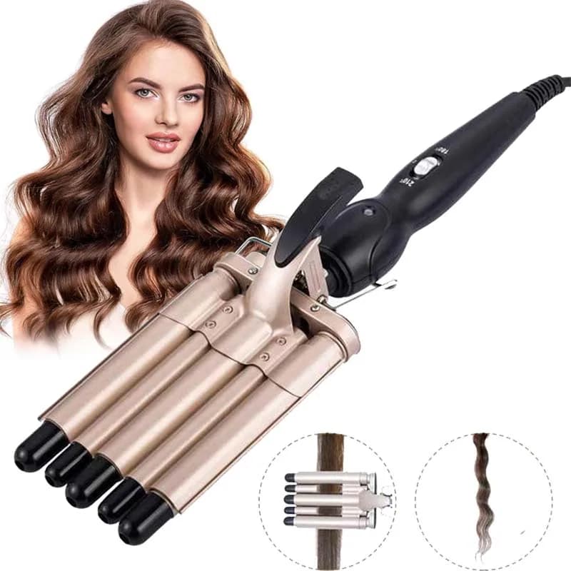 Arricciacapelli a 5 cilindri per capelli lunghi, professionale da salone, a doppio voltaggio, arricciacapelli ondulato in tormalina, ferro arricciacapelli a 5 cilindri.