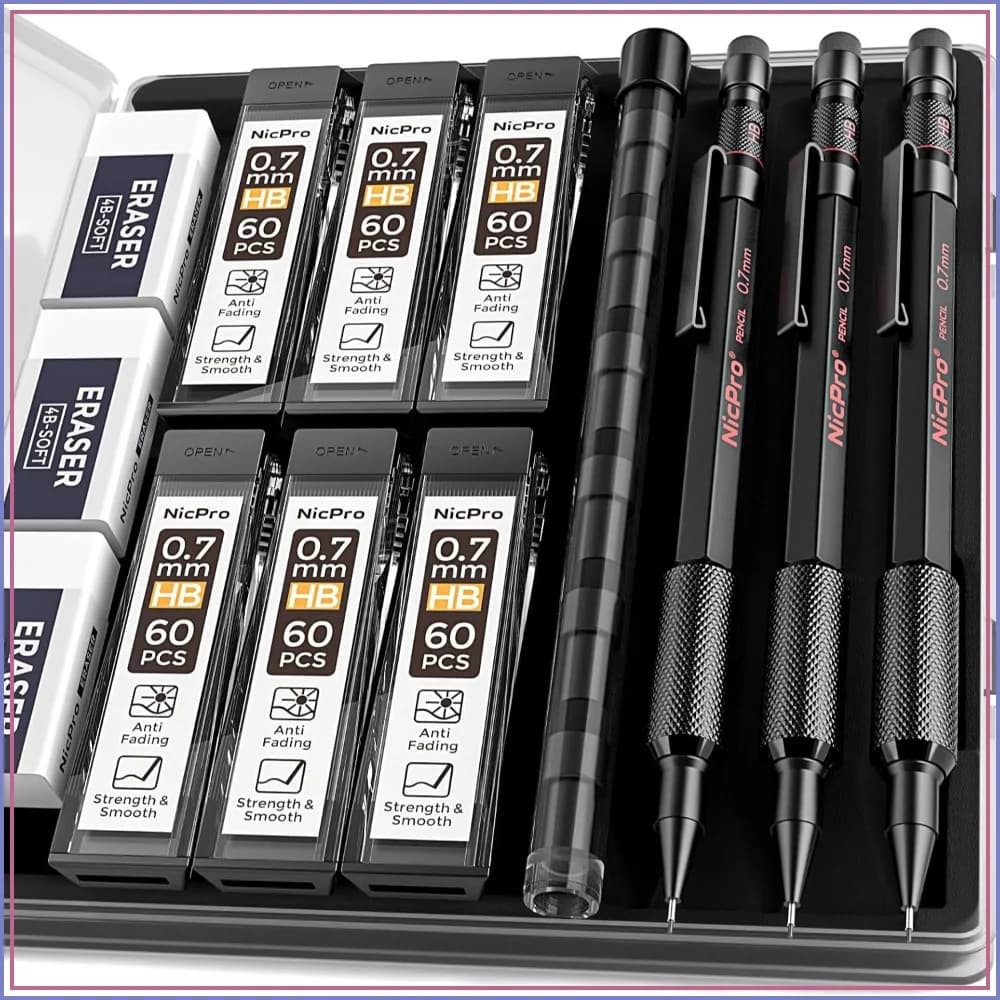 0.7 mm Mechanical Pencil Set with Case, 3PCS Metal Artist Pencil, 6 Tube HB Lead Refills, Eraser, Weatherproof Barrel for Outdoor Writing Drafting Drawing