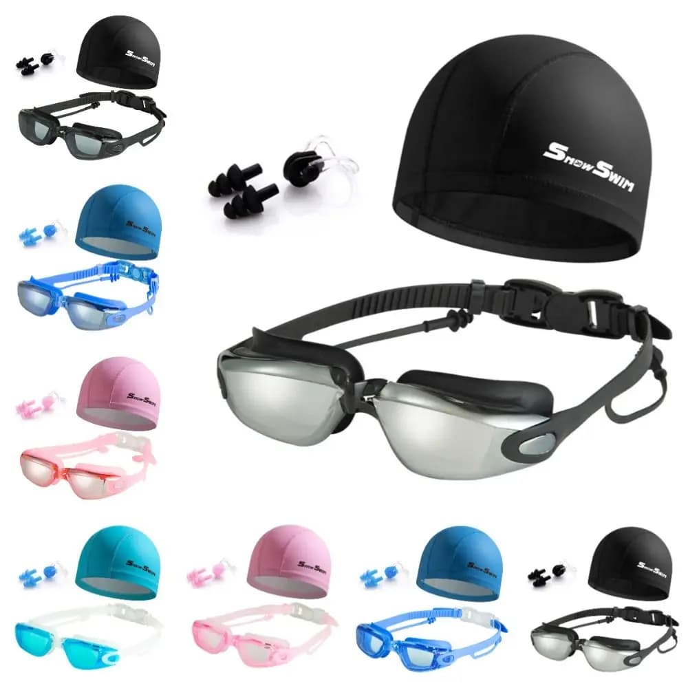 Anti-fog Adult Swimming Goggles Set with Nose Clip, and Ear Plugs Adjustable Silicone Swim Cap Waterproof Anti-leakage