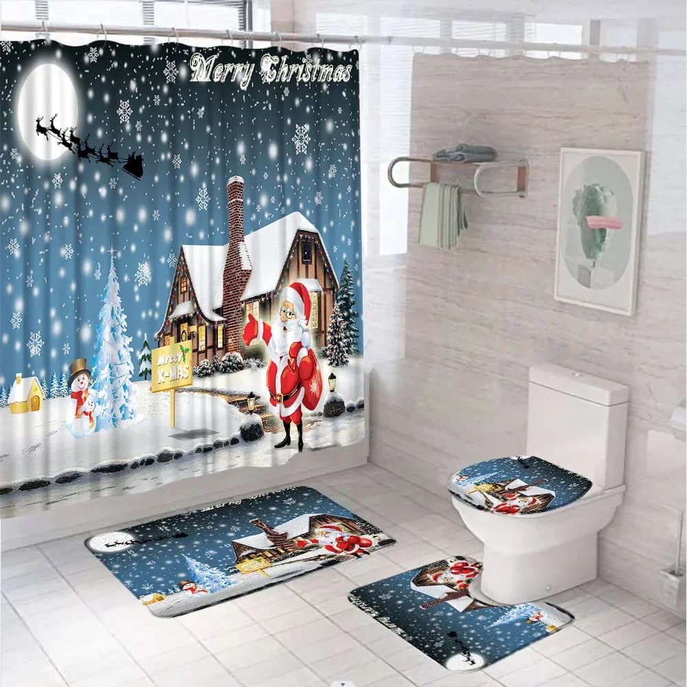Set di tende da doccia di babbo natale di natale con tappeto coprisedile per wc tappetino da bagno albero di natale fiocco di neve scenario vasche da fattoria tende