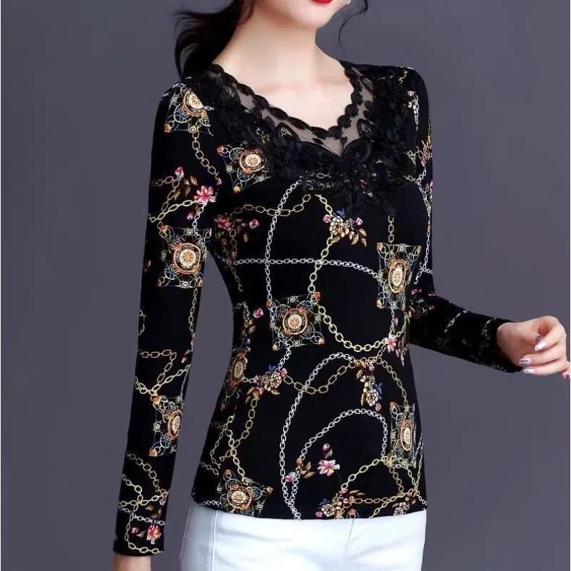 Fleece Lined Mesh Lace T-Shirt Women Autumn Winter Long Sleeve Warm Slim Fit Basic Top M-5XL