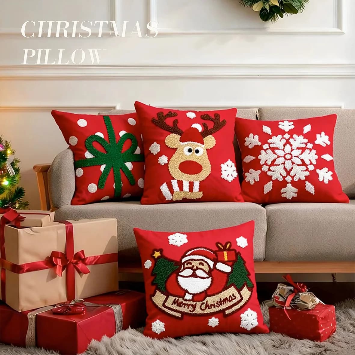 Decorative Cushion Cover Embroidered Towel Pillowcase Santa Claus Snowflake Merry Christmas Living Room Sofa Throw Pillow Cover